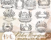 Kitchen Monogram Bundle SVG PNG, 20 Cooking Clipart Logos, Bakery Vector, Vintage Kitchen Utensil Frames, Culinary Wreath Emblems for Cricut