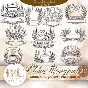 May include: A digital download graphic featuring 20 kitchen-themed monograms in black and white. The designs include a pot, cutting board, wine glass, utensils, and bakery elements. The text "Kitchen Monogram" and "Digital download ONLY" are also included.
