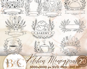 Pacote de Monogramas de Cozinha SVG PNG, 20 Logotipos Clipart de Cozinha, Vetor de Padaria, Molduras Vintage para Utensílios de Cozinha, Emblemas de Guirlanda Culinária para Cricut