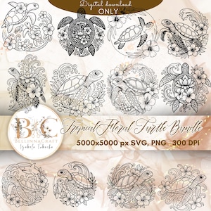 Paquete SVG de tortugas florales tropicales, paquete SVG de tortugas marinas, arte lineal de tortugas marinas PNG, clipart de animales marinos en blanco y negro, tortuga marina con flores