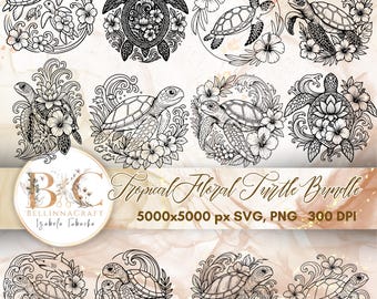 May include: Black and white digital art bundle featuring various sea turtle designs with floral and wave elements. The text "Digital download ONLY" is at the top. The text "Tropical Floral Turtle Bundle" is at the bottom.