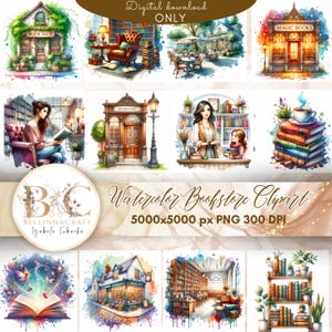 Watercolor Bookstore Clipart, Book Store Clipart, Book Shop Clipart, Book shop Building, Cute Shop Bundle, Library Clipart, Junk Journal PNG