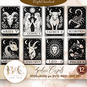Pacote de Cartas do Zodíaco SVG, Cartas Astrológicas, Signos do Zodíaco Clipart, Arquivos de Corte a Laser do Zodíaco SVG PNG, Cartas de Tarô, Vetor do Zodíaco, Astrologia
