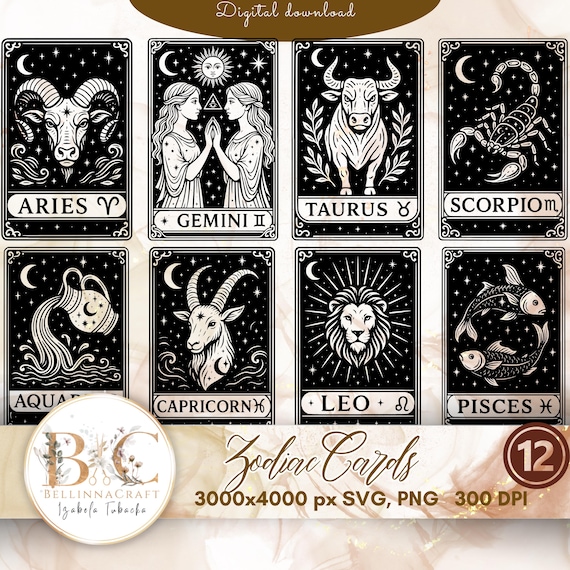 Zodiac Cards SVG Bundle, Astrological Cards, Zodiac Signs Clipart, Zodiac Laser Cut Files SVG PNG, Tarot Cards, Zodiac Vector, Astrology