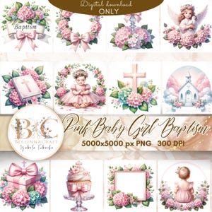 Aquarell Rosa Baby-Taufe Clipart, Pastell Rosa Taufe Clipart, Hortensie Blumen Taufe, Baby Batism Einladung Boundle PNG
