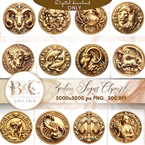 Clipart 3D signes du zodiaque, symboles astrologiques, clipart or signes du zodiaque, médaillon du zodiaque, signes de l'horoscope, clipart astrologique or PNG