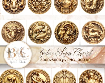 3D Zodiac Signs Clipart, Astrological Symbols, Gold Zodiac Signs Clipart, Zodiac Medalion, Horoscope Signs, Gold Astrological Clipart PNG