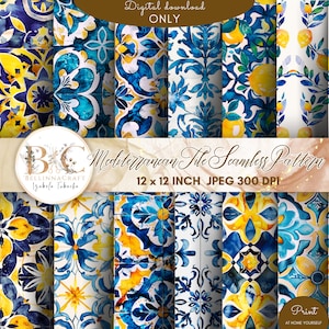 Carrelage méditerranéen sans couture, 12 papiers numériques en céramique espagnole bleu et jaune aquarelle, clipart été, carrelage bleu blanc JPEG