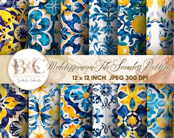 Mediterranean Tile Seamless Patterns, 12 Watercolor Blue and Yellow Spanish Ceramic Digital Papers, Summer Clipart, Blue White tile JPEG