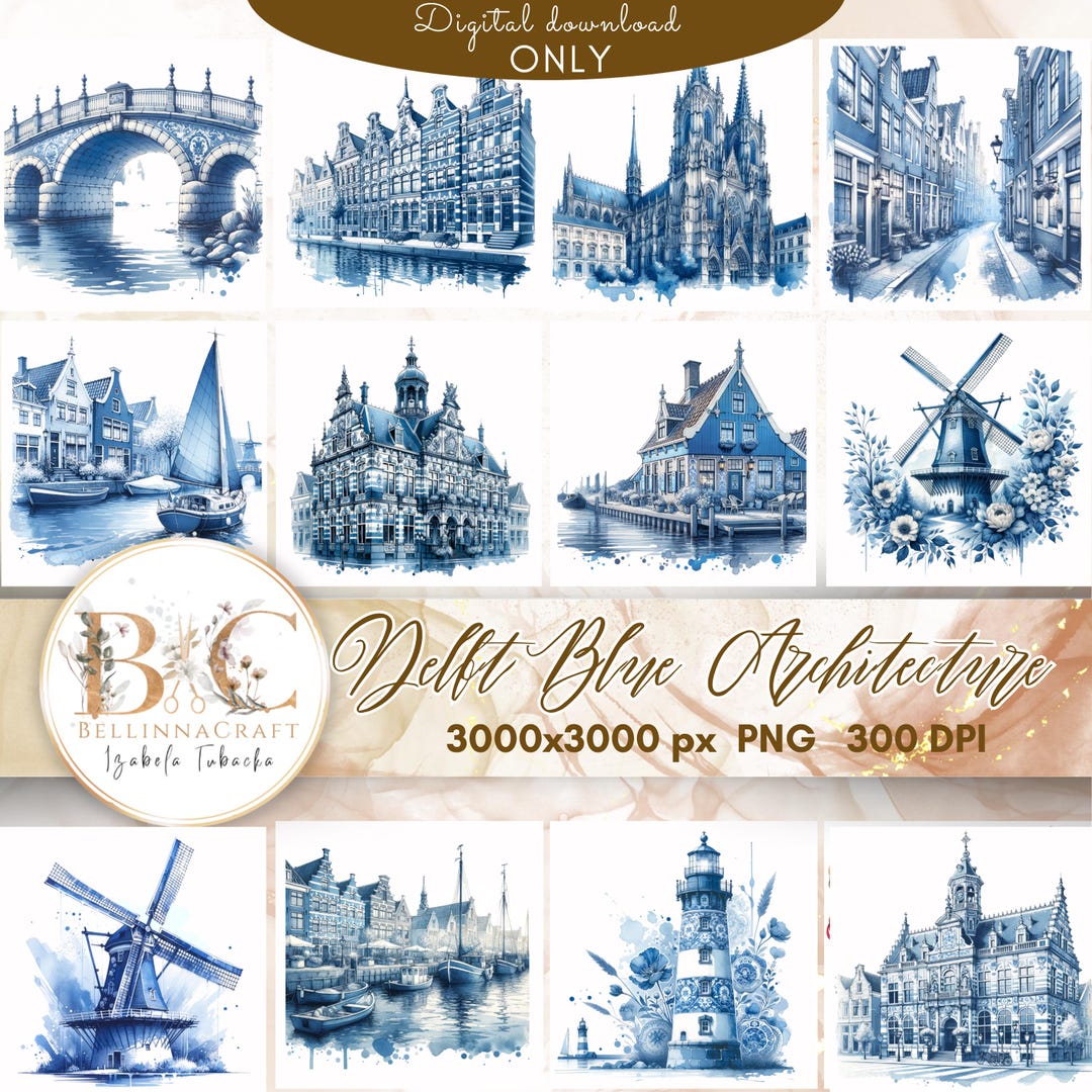 Delft Blue Architecture Clipart Set, Vintage Dutch Houses and Windmill ...