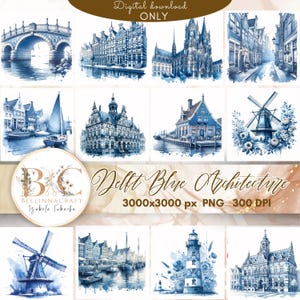 Può includere: Download digitale di stampe artistiche ad acquerello di Delft Blue Architecture. Le immagini presentano varie scene architettoniche olandesi in tonalità blu, tra cui edifici, canali, mulini a vento e un faro. Il testo "Digital download ONLY" è in alto.