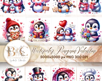 Aquarel pinguïn Valentijn clipart, Valentijn pinguïn, Valentijnsdag clipart, fantasie clipart, liefdespinguïn sublimatie, feestelijke pinguïn