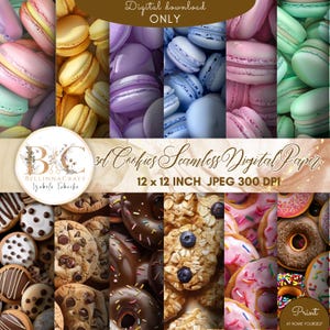 May include: Digital download of seamless digital paper featuring colorful macarons and cookies. The image includes various flavors of macarons and cookies, with the text "3d Cookies Seamless Digital Paper" and "12 x 12 INCH JPEG 300 DPI".