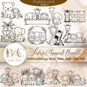 May include: A digital download of black and white safari animal illustrations. The collection includes a bear, monkey, elephant, giraffe, lion, zebra, and rhino. The text "Safari Animals Bundle" is displayed. The image is 3000x3000 px.