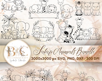 Safari Animals Bundle, Cute Jungle Line Art SVG, Baby Lion, Elephant, Giraffe, Monkey, Cricut & Silhouette Files, Kids Safari dxf svg png