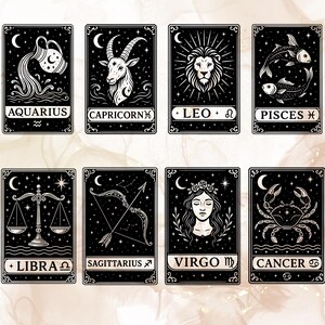May include: Black and white illustrations of the 12 zodiac signs, each with a unique symbol and design. The signs are arranged in a grid of four rows and three columns. The background is black with white stars.