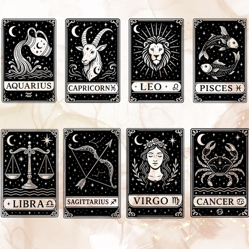 May include: Black and white illustrations of the 12 zodiac signs, each with a unique symbol and design. The signs are arranged in a grid of four rows and three columns. The background is black with white stars.