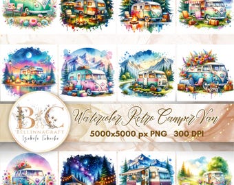 Clipart di camper retrò ad acquerello, Clipart di roulotte d'epoca, Clipart di roulotte da campeggio, Disegni di campeggio naturalistici, Arte del viaggiatore, PNG di camper