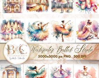 Watercolor Ballet Studio Clipart, Ballet School Clipart, Ballet Dancer Clipart, Watercolor Ballerina PNG, Ballet Pointe Shoes Clipart PNG