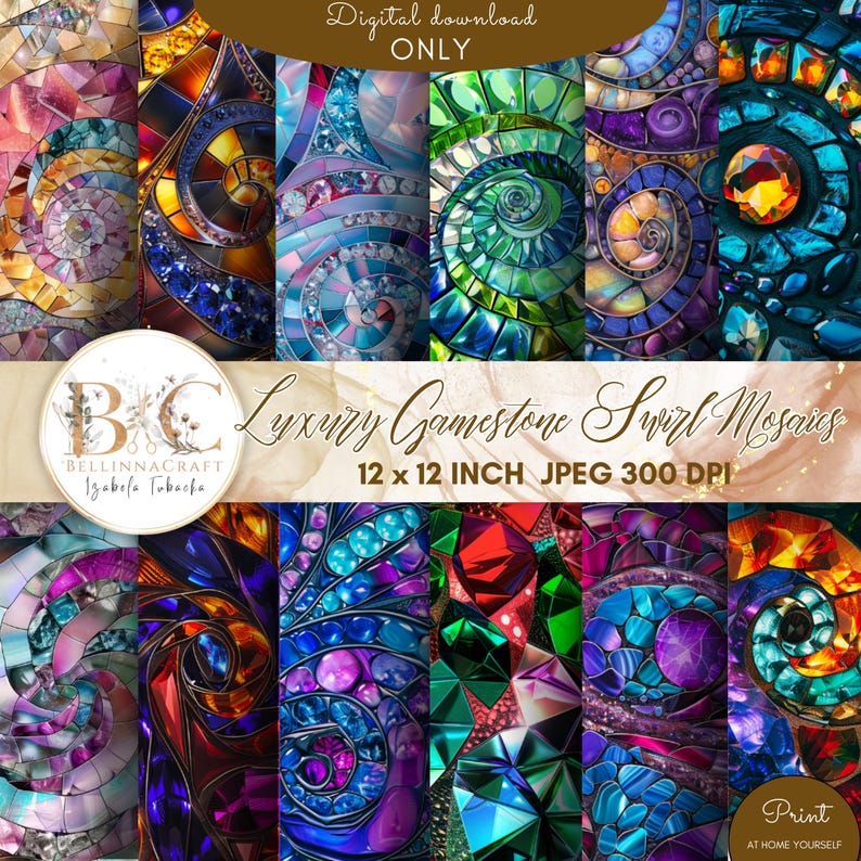 May include: A digital download featuring a collection of colorful gemstone swirl mosaic designs. The designs include various colors like blue, green, purple, and orange. The text on the image reads "Luxury Gamestone Swirl Mosaics" and "12 x 12 INCH JPEG 300 DPI."