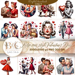 Retro 1950er Jahre Valentinstag Clipart, Vintage Valentinstag Clipart, Retro Paar Clipart, Retro Liebe, Retro Liebhaber PNG Vintage Illustration 50er Jahre, Pin Up