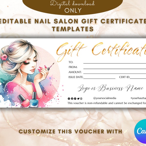 Nail Salon Gift Certificate Template Elegant Manicure gift card template gift  voucher Printable Voucher EDITABLE, Beauty Salon gift