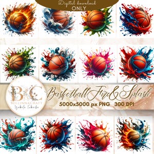 Clipart aquarelle feu et éclaboussure de basket-ball, art imprimable de basket-ball, affiches de basket-ball, basket-ball sublimation PNG, clipart d'art sportif