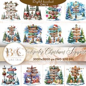 Clipart di cartelli natalizi ad acquerello, grafica di cartelli per le feste, arte dei cartelli per le feste, clipart invernale festiva, cartelli del Polo Nord PNG