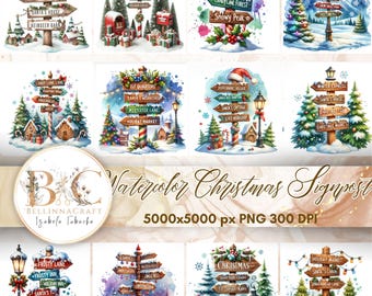 Watercolor Christmas Signpost Clipart, Festive Holiday Sign Graphics, Holiday Signpost Art, Festive Winter Clipart, North Pole Signs PNG