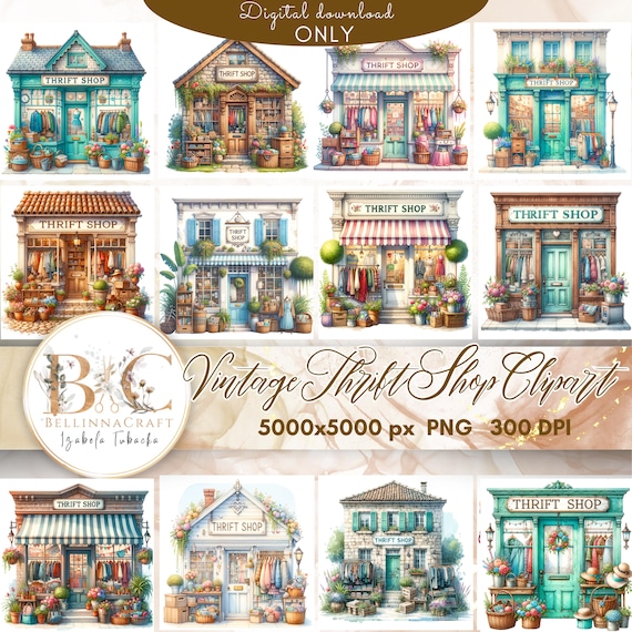 Vintage Thrift Shop Clipart Bundle | Retro Secondhand Store Illustrations | Antique Shop PNG Clipart | Vintage Market Clip Art for Crafts