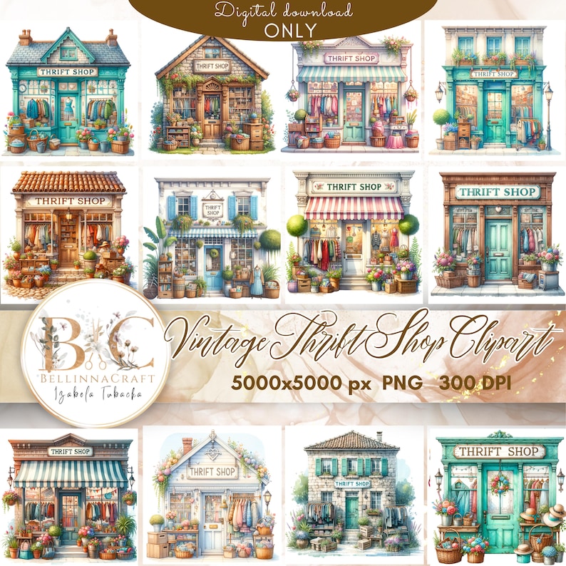 May include: A collection of watercolour illustrations depicting vintage thrift shops. The images showcase diverse architectural styles, each with colourful awnings, clothing displays, and floral arrangements. Text includes "Digital download ONLY" and "Vintage Thrift Shop Clipart".