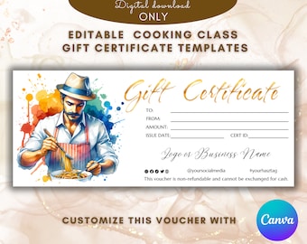Modèle de certificat-cadeau de cours de cuisine italienne Modèle de carte-cadeau de cours de cuisine élégant chèque-cadeau Bon imprimable MODIFIABLE