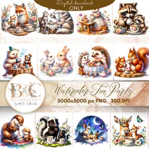 Aquarell Tee-Party mit Mutter Wald Baby Tiere Clipart, Aquarell Wald Tier Clipart, Kinderzimmer Waldland Clipart, Mama und Baby