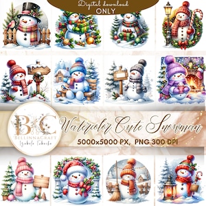 Watercolor Cute Snowman Clipart, Christmas Snowman Clipart, Snowman PNG, Winter Holidays Snowman, Christmas Snowman, Winter Snowman PNG
