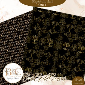 Peut inclure: Deux motifs de papier num&eacute;rique avec des motifs g&eacute;om&eacute;triques dor&eacute;s sur fond noir. Le premier motif est une grille de carr&eacute;s, le second motif pr&eacute;sente un motif r&eacute;p&eacute;titif d'arbres stylis&eacute;s avec des branches ressemblant &agrave; des circuits imprim&eacute;s. Le texte "Code Craft Canvas" est visible sur l'image.