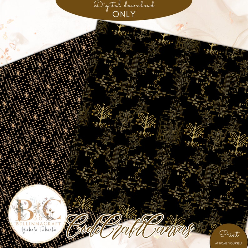 Peut inclure: Deux motifs de papier num&eacute;rique avec des motifs g&eacute;om&eacute;triques dor&eacute;s sur fond noir. Le premier motif est une grille de carr&eacute;s, le second motif pr&eacute;sente un motif r&eacute;p&eacute;titif d'arbres stylis&eacute;s avec des branches ressemblant &agrave; des circuits imprim&eacute;s. Le texte "Code Craft Canvas" est visible sur l'image.
