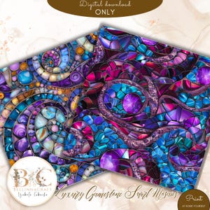 May include: Two digital download prints featuring a gemstone swirl mosaic design. The mosaic is composed of blue, purple, and pink hues, with a swirling pattern. The text "Luxury Gamestone Swirl Mosaics" is visible. The prints are labeled "Digital download ONLY".