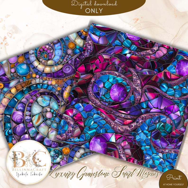 May include: Two digital download prints featuring a gemstone swirl mosaic design. The mosaic is composed of blue, purple, and pink hues, with a swirling pattern. The text "Luxury Gamestone Swirl Mosaics" is visible. The prints are labeled "Digital download ONLY".