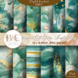 Mermaid Gold Glitter Seamless Digital Paper, Ocean Digital Paper, Mermaid Scrapbook Paper, Mermaid Patterns, Watercolor Mermaid Texture