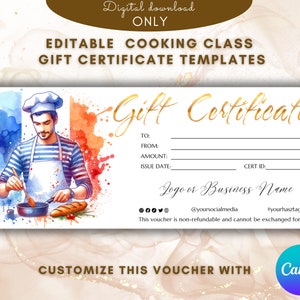 Modelo de certificado de presente para aula de culinária francesa, modelo de cartão de presente elegante para curso de culinária, voucher de presente para impressão, comida francesa EDITÁVEL
