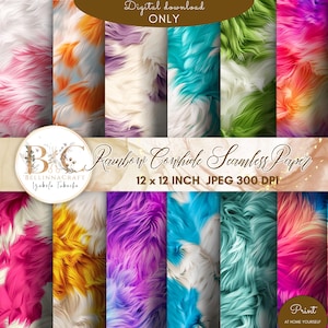 May include: A digital download featuring a collection of seamless paper designs with a rainbow cowhide texture. Each design showcases a unique blend of colors, including pink, orange, purple, and teal. The text reads "Rainbow Cowhide Seamless Paper" and "12 x 12 INCH JPEG 300 DPI."