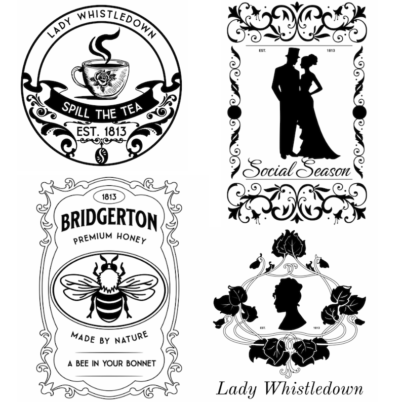 Pode incluir: Quatro ilustra&ccedil;&otilde;es em preto e branco com molduras ornamentadas. A ilustra&ccedil;&atilde;o superior esquerda &eacute; um c&iacute;rculo com o texto "Lady Whistledown" e "Spill the Tea" com uma x&iacute;cara de ch&aacute; e vapor. A ilustra&ccedil;&atilde;o superior direita &eacute; um casal em silhueta com o texto "Social Season". A ilustra&ccedil;&atilde;o inferior esquerda &eacute; uma abelha com o texto "Bridgerton Premium Honey". A ilustra&ccedil;&atilde;o inferior direita &eacute; uma silhueta de mulher com o texto "Lady Whistledown".