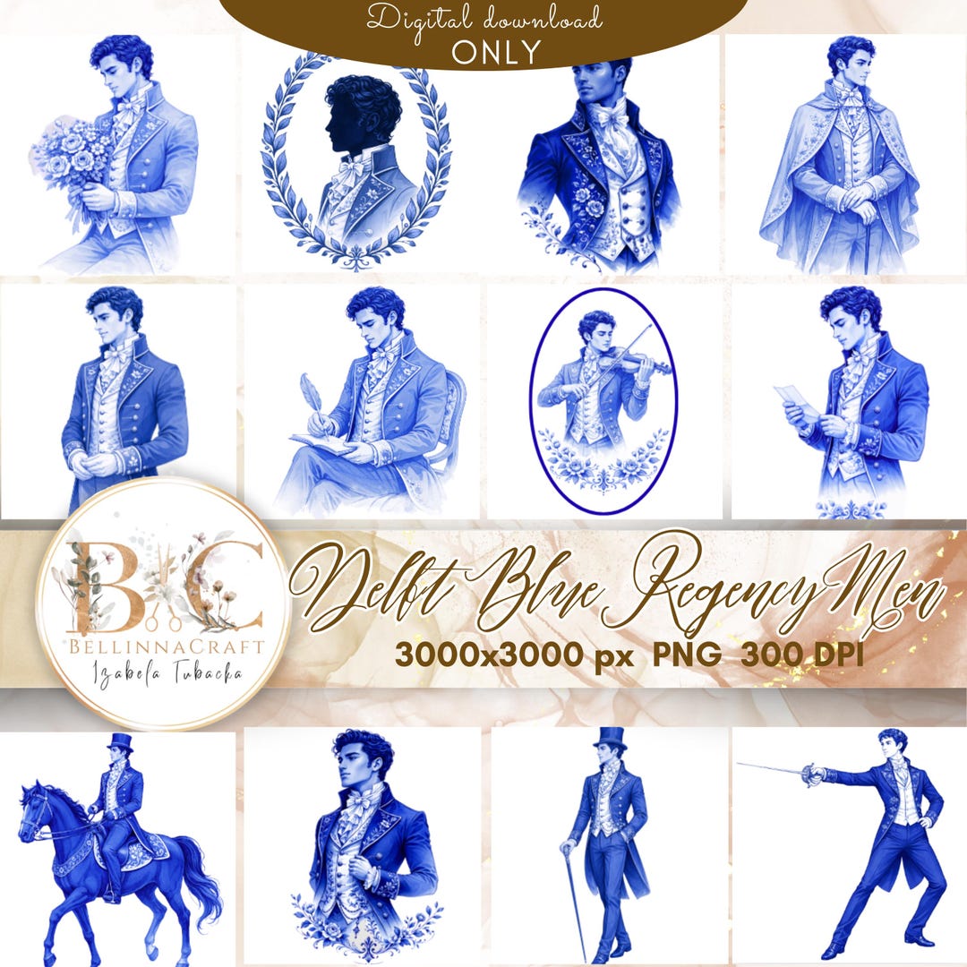 Bridgerton-inspired Regency Men Clipart – Delft Blue Portraits, Blue ...