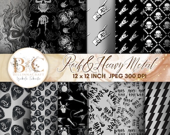 Papier numérique sans couture rock et métaux lourds, papier de scrapbooking, motifs en papier numérique, papier numérique tête de mort, papier numérique noir, digi punk
