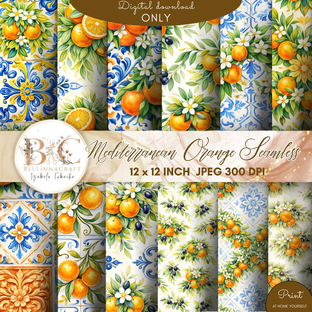 Italian Patterns Orange Watercolor Orange Seamless Patterns Bundle, 12 Mediterranean Orange ...