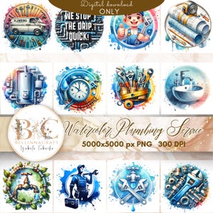Clipart akwarelowy usługi hydrauliczne, narzędzia hydrauliczne, klucz, rury, kran PNG, ikony naprawy 24/7, projekt logo, zastosowanie komercyjne, grafika DIY