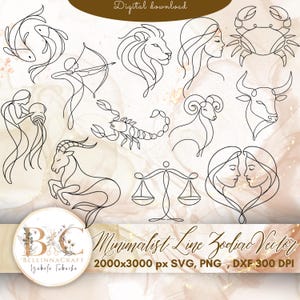 Peut inclure: Ensemble de signes du zodiaque minimalistes en noir, comprenant Poissons, Sagittaire, Lion, Cancer, Taureau, etc. Le texte "Digital download" et "Minimalist Line Zodiac Vector" est également présent. L'image est de 2000x3000 px.