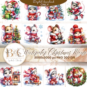 Watercolor Christmas Mouse Clipart, Adorable Animals Christmas Illustration, Cute Christmas Mouse PNG, Winter Holidays Animals, Xmas Mouse