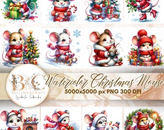 Clipart kerstmuis aquarel, schattige dieren kerstillustratie, schattige kerstmuis png, dieren wintervakantie, kerstmuis