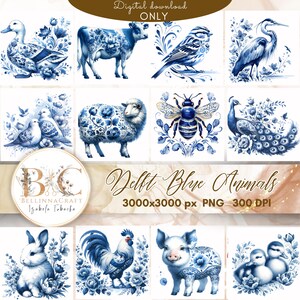 Può includere: Download digitale con illustrazioni di animali blu di Delft. L'immagine mostra un'anatra, una mucca, un uccello, un airone, colombe, una pecora, un'ape, un pavone, un coniglio, un gallo, un maiale e anatroccoli, con motivi floreali.